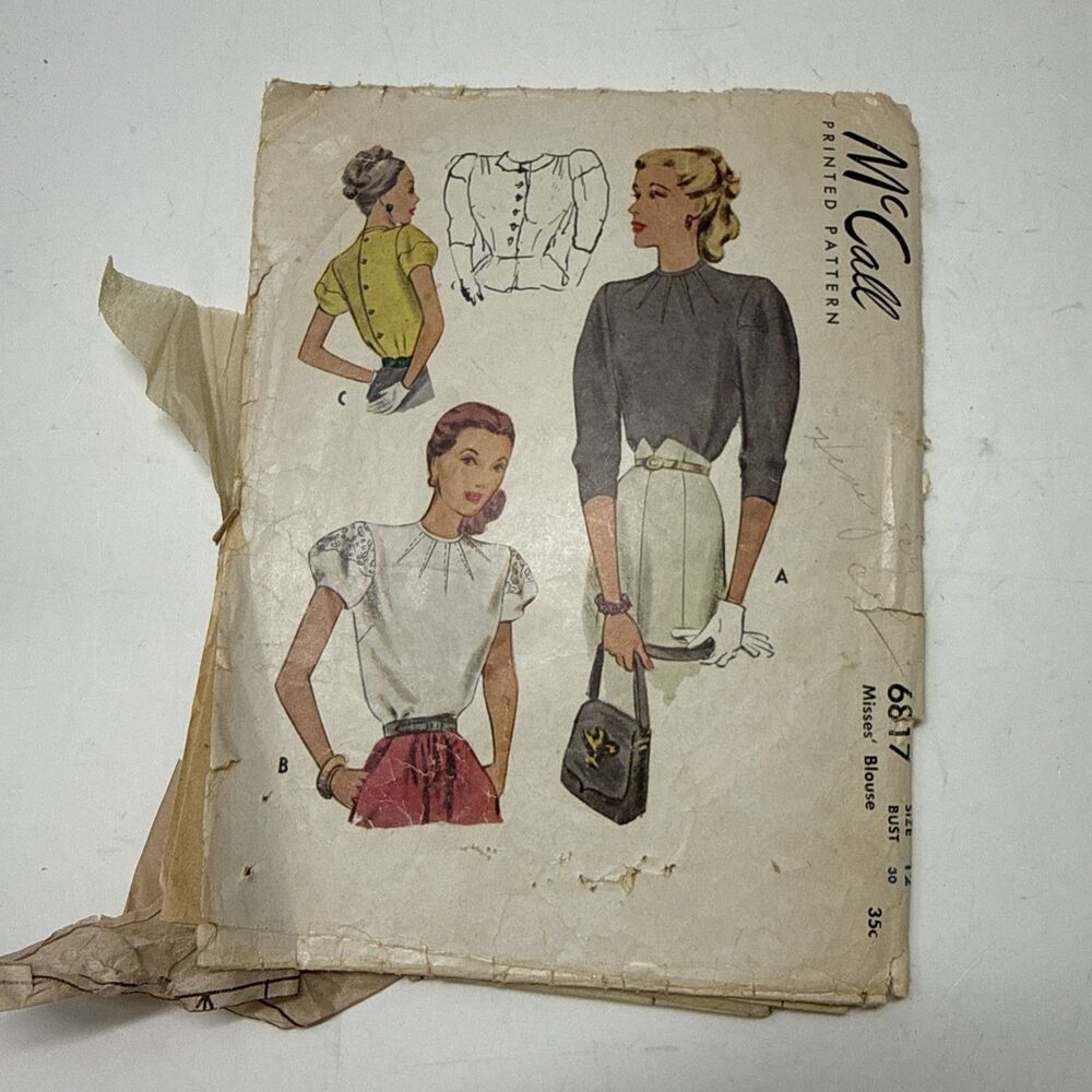 McCalls Vintage 1940's Pattern 6817 Misses Blouse Size 12 Bust 30